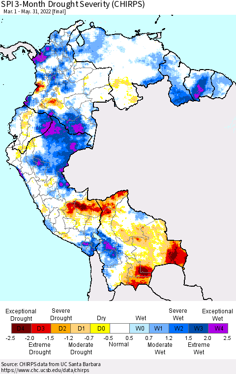 Northern South America SPI 3-Month Drought Severity (CHIRPS) Thematic Map For 3/1/2022 - 5/31/2022