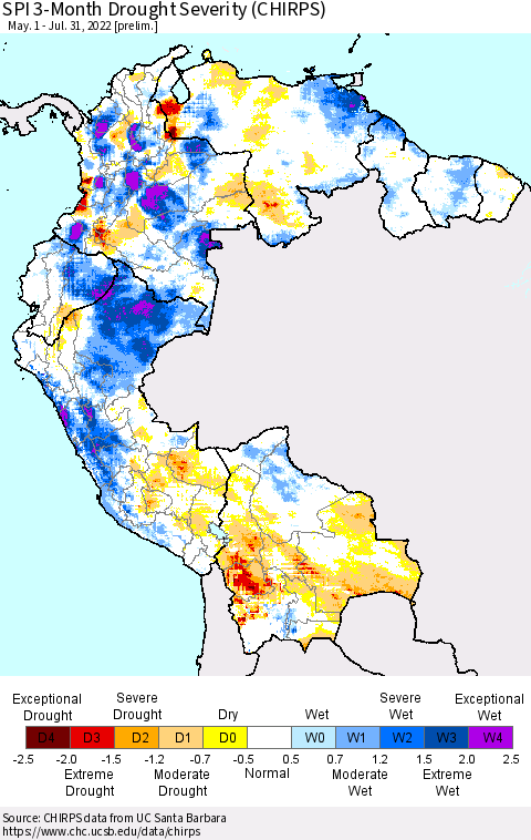 Northern South America SPI 3-Month Drought Severity (CHIRPS) Thematic Map For 5/1/2022 - 7/31/2022