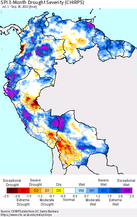 Northern South America SPI 3-Month Drought Severity (CHIRPS) Thematic Map For 7/1/2022 - 9/30/2022