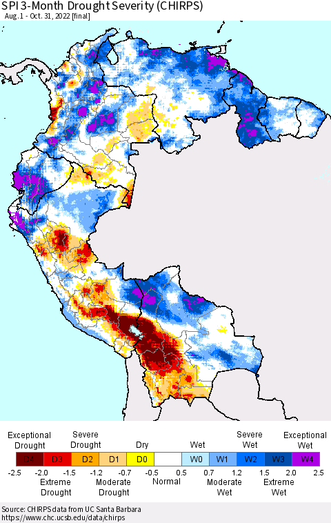 Northern South America SPI 3-Month Drought Severity (CHIRPS) Thematic Map For 8/1/2022 - 10/31/2022