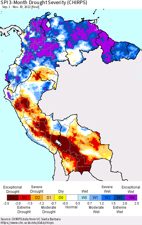 Northern South America SPI 3-Month Drought Severity (CHIRPS) Thematic Map For 9/1/2022 - 11/30/2022