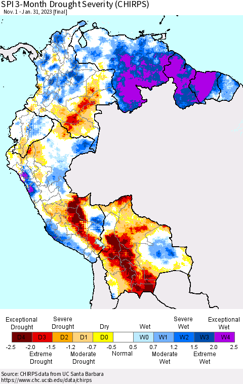 Northern South America SPI 3-Month Drought Severity (CHIRPS) Thematic Map For 11/1/2022 - 1/31/2023
