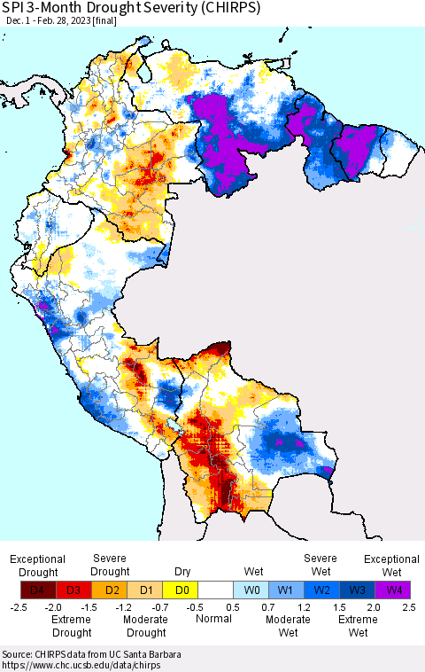 Northern South America SPI 3-Month Drought Severity (CHIRPS) Thematic Map For 12/1/2022 - 2/28/2023
