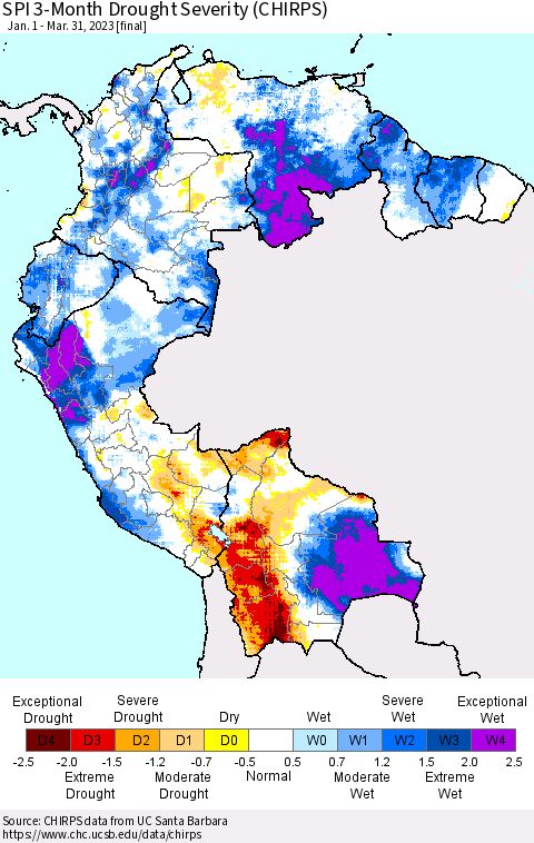 Northern South America SPI 3-Month Drought Severity (CHIRPS) Thematic Map For 1/1/2023 - 3/31/2023