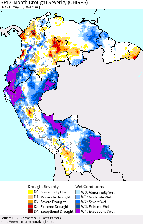 Northern South America SPI 3-Month Drought Severity (CHIRPS) Thematic Map For 3/1/2023 - 5/31/2023