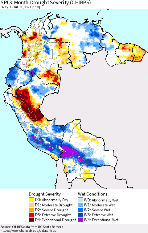 Northern South America SPI 3-Month Drought Severity (CHIRPS) Thematic Map For 5/1/2023 - 7/31/2023