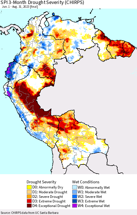 Northern South America SPI 3-Month Drought Severity (CHIRPS) Thematic Map For 6/1/2023 - 8/31/2023