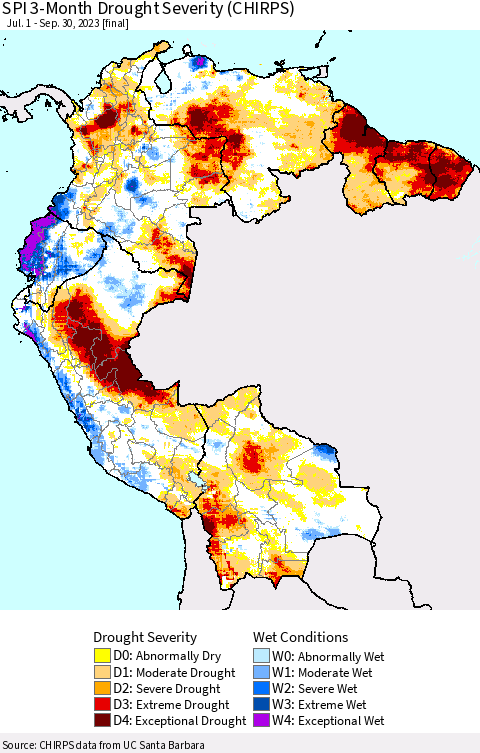 Northern South America SPI 3-Month Drought Severity (CHIRPS) Thematic Map For 7/1/2023 - 9/30/2023