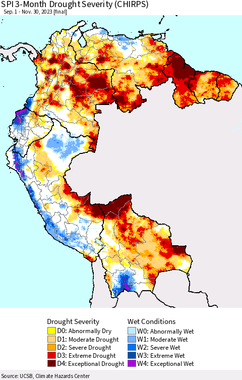 Northern South America SPI 3-Month Drought Severity (CHIRPS) Thematic Map For 9/1/2023 - 11/30/2023