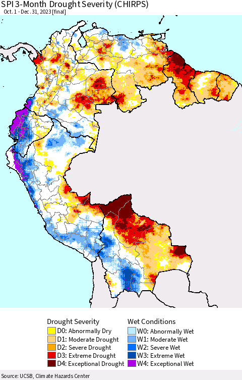 Northern South America SPI 3-Month Drought Severity (CHIRPS) Thematic Map For 10/1/2023 - 12/31/2023