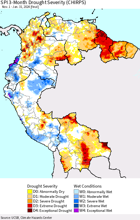 Northern South America SPI 3-Month Drought Severity (CHIRPS) Thematic Map For 11/1/2023 - 1/31/2024