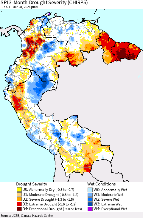 Northern South America SPI 3-Month Drought Severity (CHIRPS) Thematic Map For 1/1/2024 - 3/31/2024