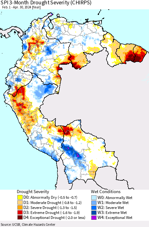 Northern South America SPI 3-Month Drought Severity (CHIRPS) Thematic Map For 2/1/2024 - 4/30/2024