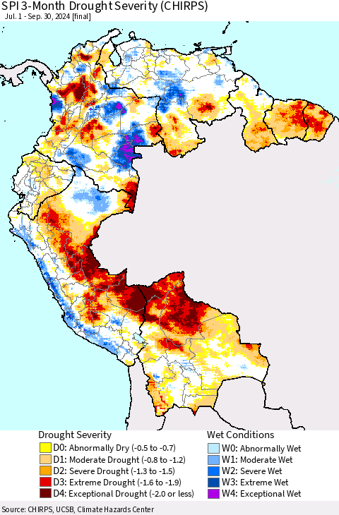 Northern South America SPI 3-Month Drought Severity (CHIRPS) Thematic Map For 7/1/2024 - 9/30/2024
