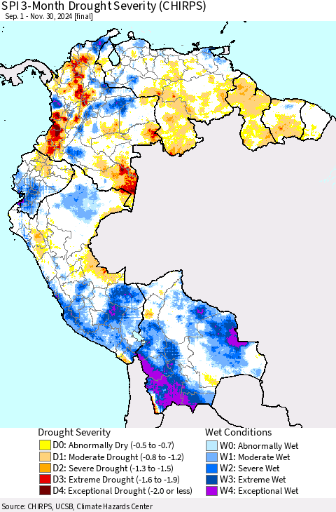 Northern South America SPI 3-Month Drought Severity (CHIRPS) Thematic Map For 9/1/2024 - 11/30/2024