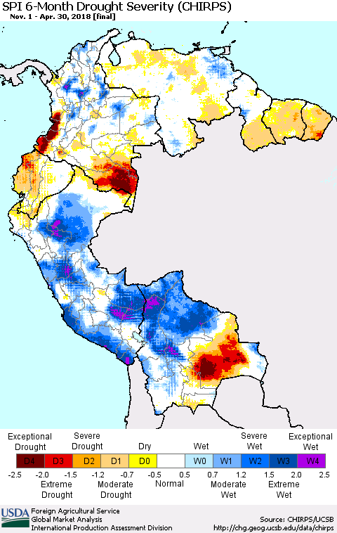 Northern South America SPI 6-Month Drought Severity (CHIRPS) Thematic Map For 11/1/2017 - 4/30/2018