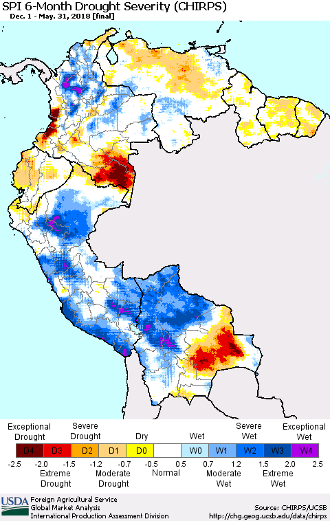 Northern South America SPI 6-Month Drought Severity (CHIRPS) Thematic Map For 12/1/2017 - 5/31/2018