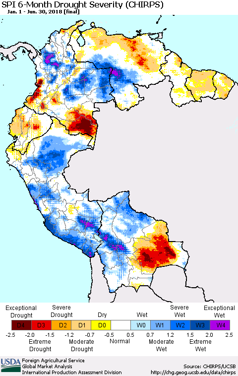 Northern South America SPI 6-Month Drought Severity (CHIRPS) Thematic Map For 1/1/2018 - 6/30/2018
