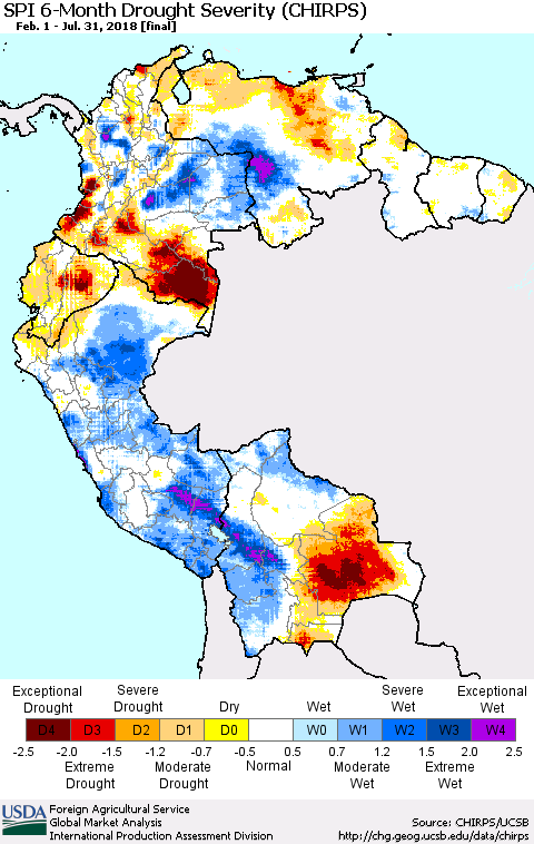 Northern South America SPI 6-Month Drought Severity (CHIRPS) Thematic Map For 2/1/2018 - 7/31/2018