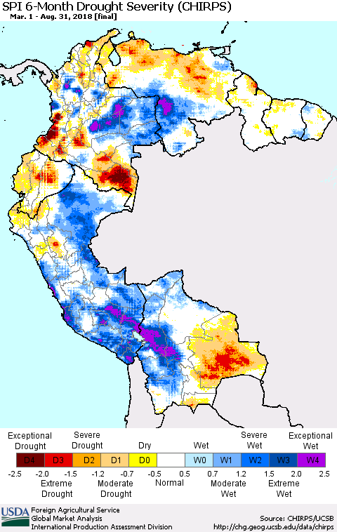 Northern South America SPI 6-Month Drought Severity (CHIRPS) Thematic Map For 3/1/2018 - 8/31/2018
