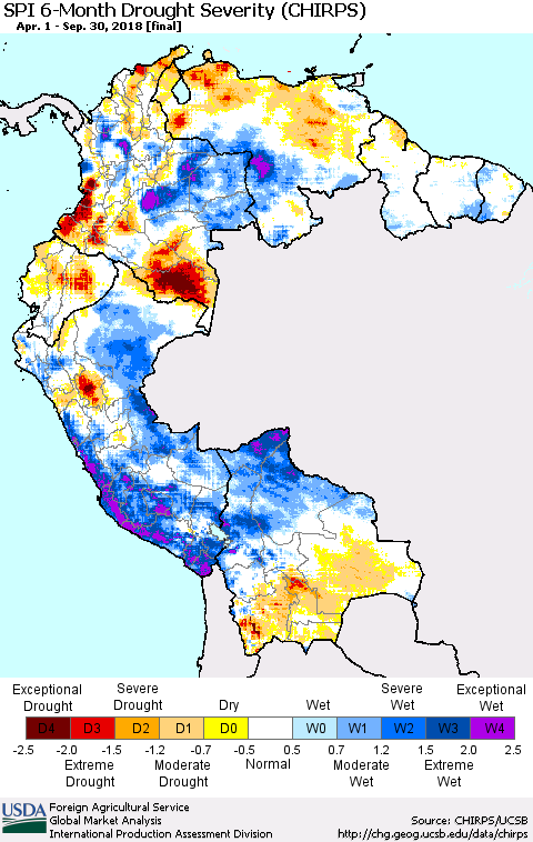Northern South America SPI 6-Month Drought Severity (CHIRPS) Thematic Map For 4/1/2018 - 9/30/2018