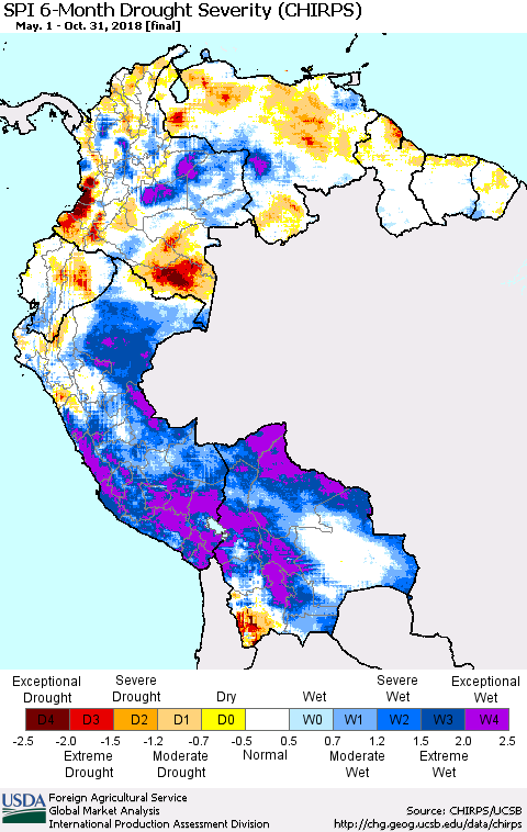 Northern South America SPI 6-Month Drought Severity (CHIRPS) Thematic Map For 5/1/2018 - 10/31/2018