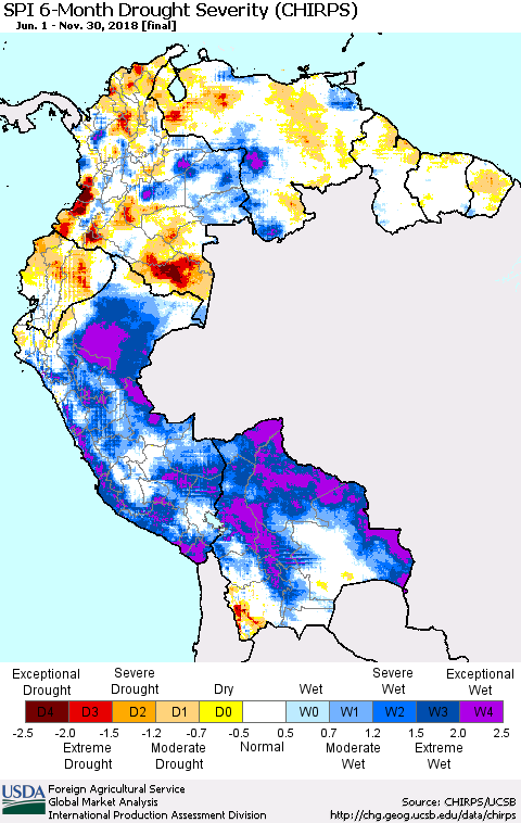 Northern South America SPI 6-Month Drought Severity (CHIRPS) Thematic Map For 6/1/2018 - 11/30/2018
