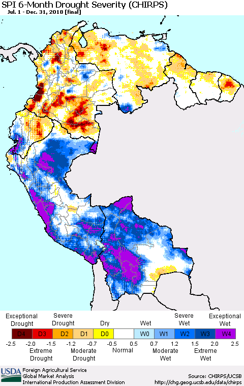 Northern South America SPI 6-Month Drought Severity (CHIRPS) Thematic Map For 7/1/2018 - 12/31/2018
