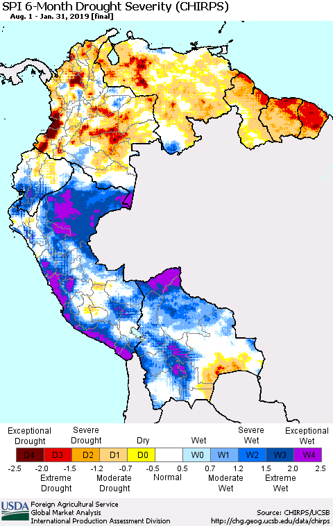 Northern South America SPI 6-Month Drought Severity (CHIRPS) Thematic Map For 8/1/2018 - 1/31/2019