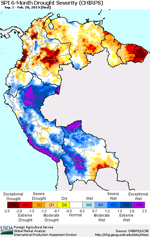 Northern South America SPI 6-Month Drought Severity (CHIRPS) Thematic Map For 9/1/2018 - 2/28/2019