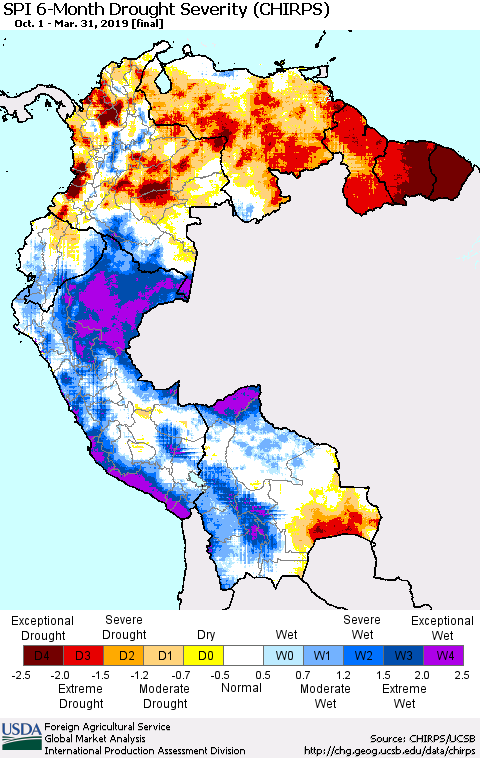 Northern South America SPI 6-Month Drought Severity (CHIRPS) Thematic Map For 10/1/2018 - 3/31/2019