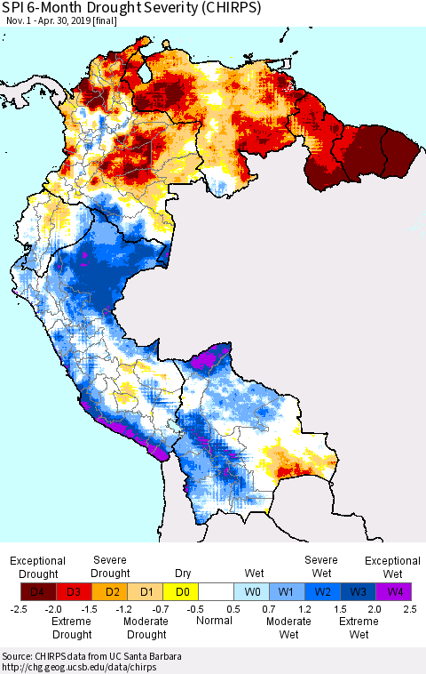 Northern South America SPI 6-Month Drought Severity (CHIRPS) Thematic Map For 11/1/2018 - 4/30/2019