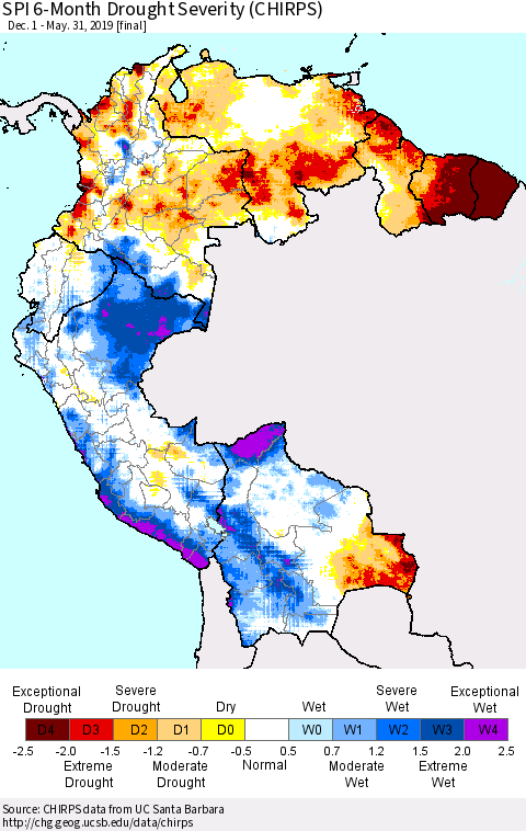 Northern South America SPI 6-Month Drought Severity (CHIRPS) Thematic Map For 12/1/2018 - 5/31/2019