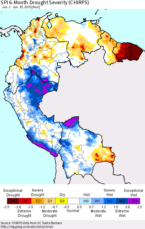 Northern South America SPI 6-Month Drought Severity (CHIRPS) Thematic Map For 1/1/2019 - 6/30/2019