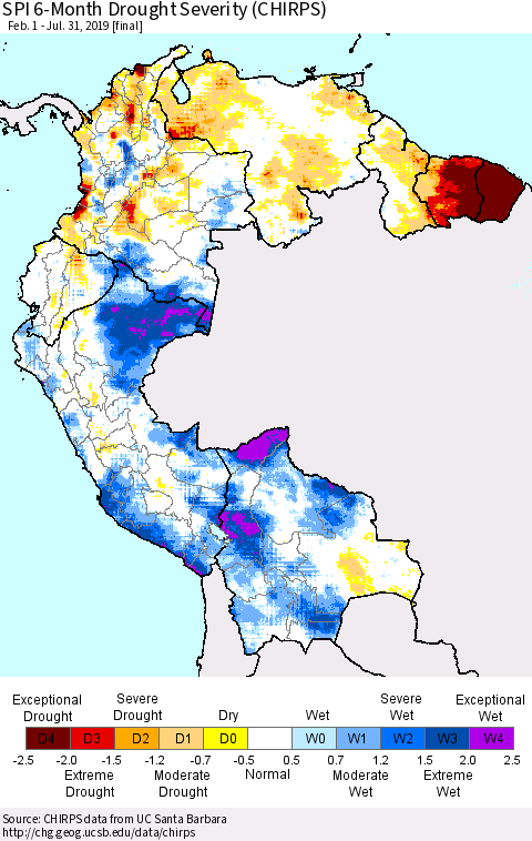 Northern South America SPI 6-Month Drought Severity (CHIRPS) Thematic Map For 2/1/2019 - 7/31/2019