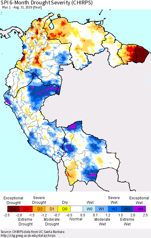 Northern South America SPI 6-Month Drought Severity (CHIRPS) Thematic Map For 3/1/2019 - 8/31/2019