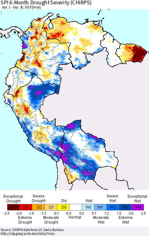 Northern South America SPI 6-Month Drought Severity (CHIRPS) Thematic Map For 4/1/2019 - 9/30/2019