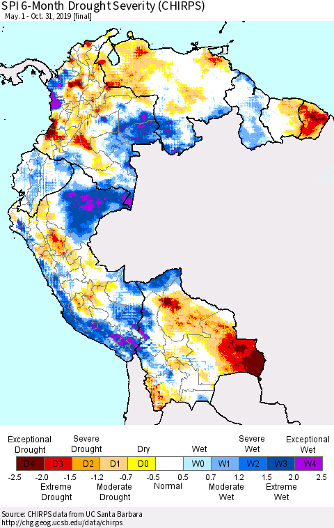 Northern South America SPI 6-Month Drought Severity (CHIRPS) Thematic Map For 5/1/2019 - 10/31/2019