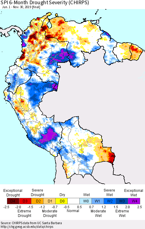 Northern South America SPI 6-Month Drought Severity (CHIRPS) Thematic Map For 6/1/2019 - 11/30/2019