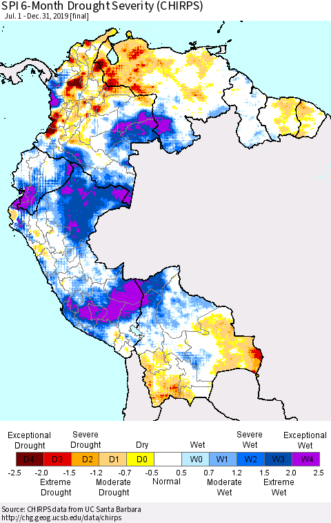 Northern South America SPI 6-Month Drought Severity (CHIRPS) Thematic Map For 7/1/2019 - 12/31/2019