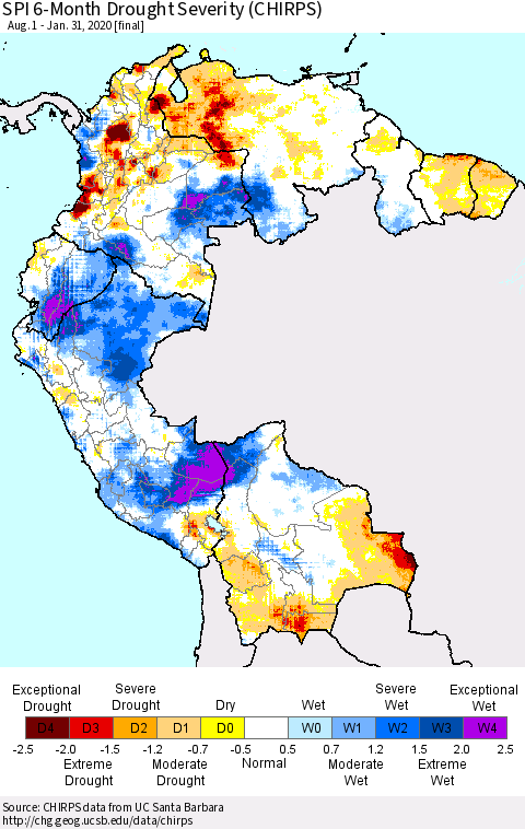 Northern South America SPI 6-Month Drought Severity (CHIRPS) Thematic Map For 8/1/2019 - 1/31/2020