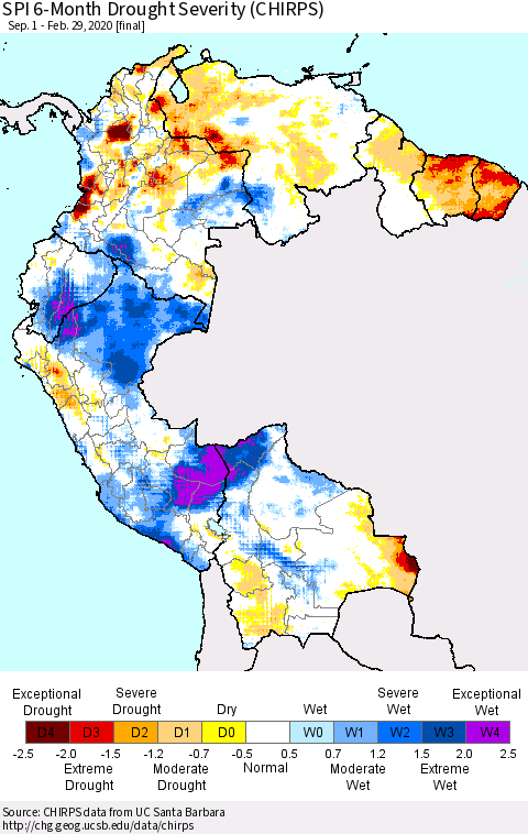 Northern South America SPI 6-Month Drought Severity (CHIRPS) Thematic Map For 9/1/2019 - 2/29/2020