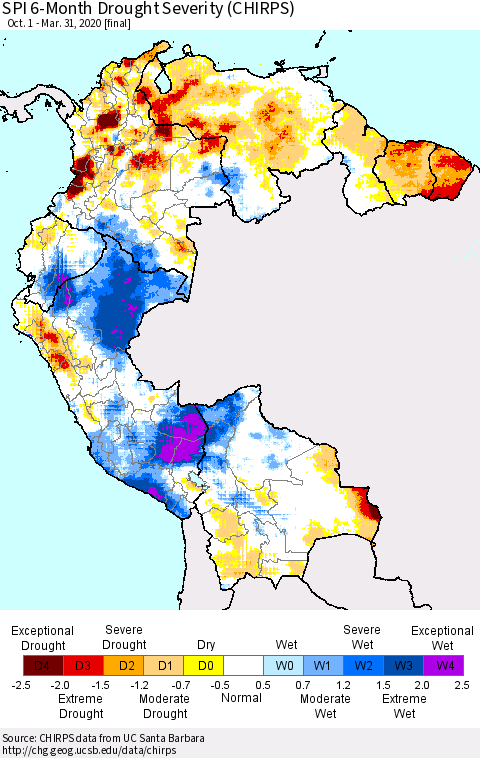 Northern South America SPI 6-Month Drought Severity (CHIRPS) Thematic Map For 10/1/2019 - 3/31/2020