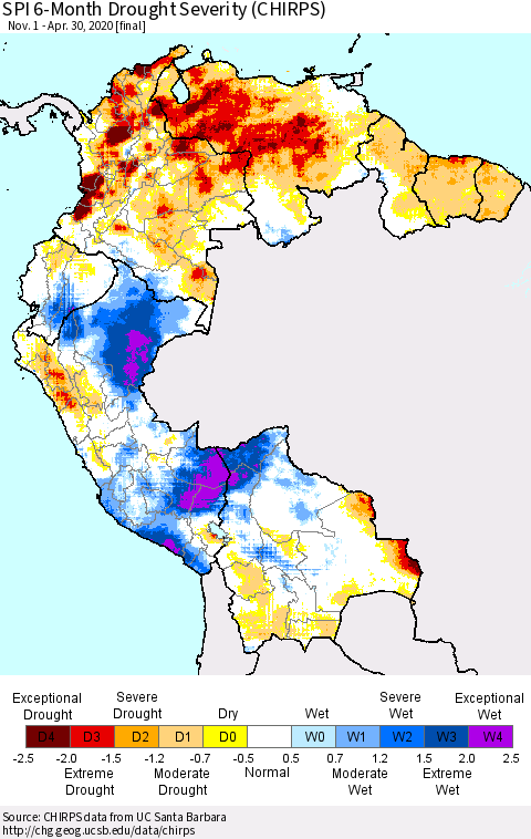 Northern South America SPI 6-Month Drought Severity (CHIRPS) Thematic Map For 11/1/2019 - 4/30/2020