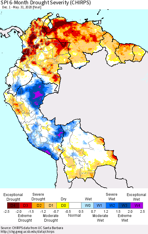 Northern South America SPI 6-Month Drought Severity (CHIRPS) Thematic Map For 12/1/2019 - 5/31/2020