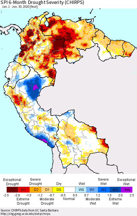 Northern South America SPI 6-Month Drought Severity (CHIRPS) Thematic Map For 1/1/2020 - 6/30/2020