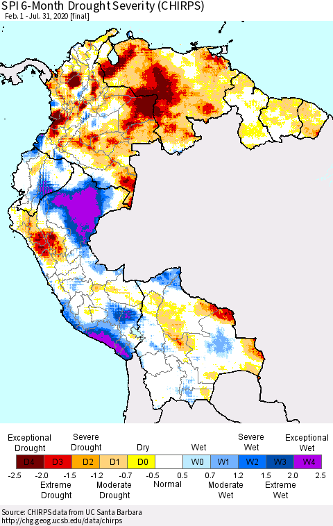 Northern South America SPI 6-Month Drought Severity (CHIRPS) Thematic Map For 2/1/2020 - 7/31/2020