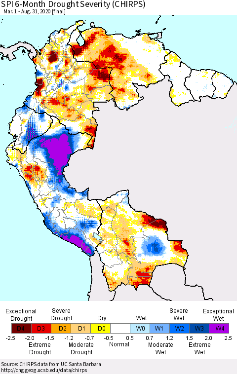 Northern South America SPI 6-Month Drought Severity (CHIRPS) Thematic Map For 3/1/2020 - 8/31/2020