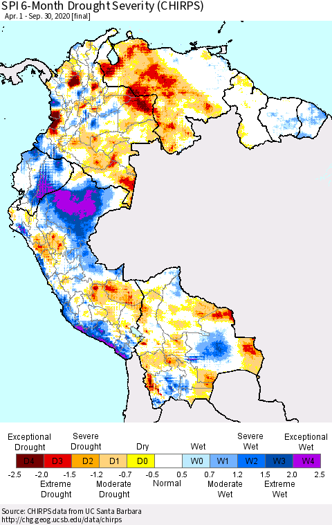 Northern South America SPI 6-Month Drought Severity (CHIRPS) Thematic Map For 4/1/2020 - 9/30/2020
