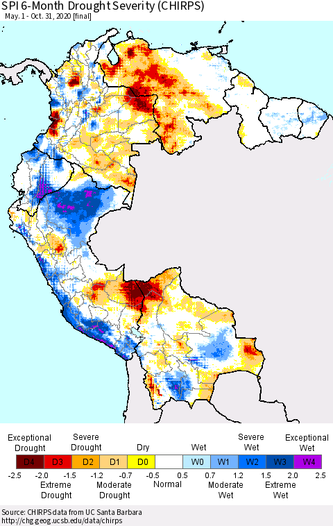 Northern South America SPI 6-Month Drought Severity (CHIRPS) Thematic Map For 5/1/2020 - 10/31/2020